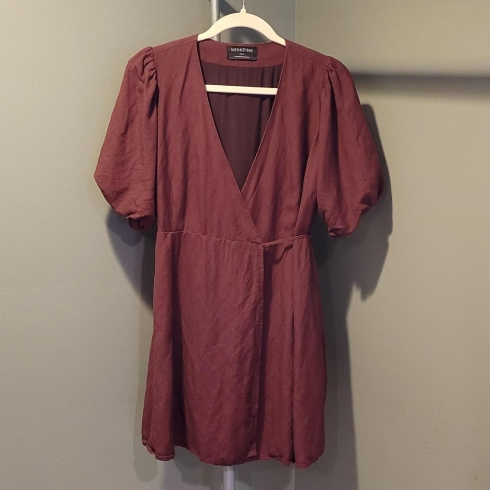 MINKPINK Linen Blend Wrap Mini Dress Puff Sleeves, Size S, Burgundy Maroon